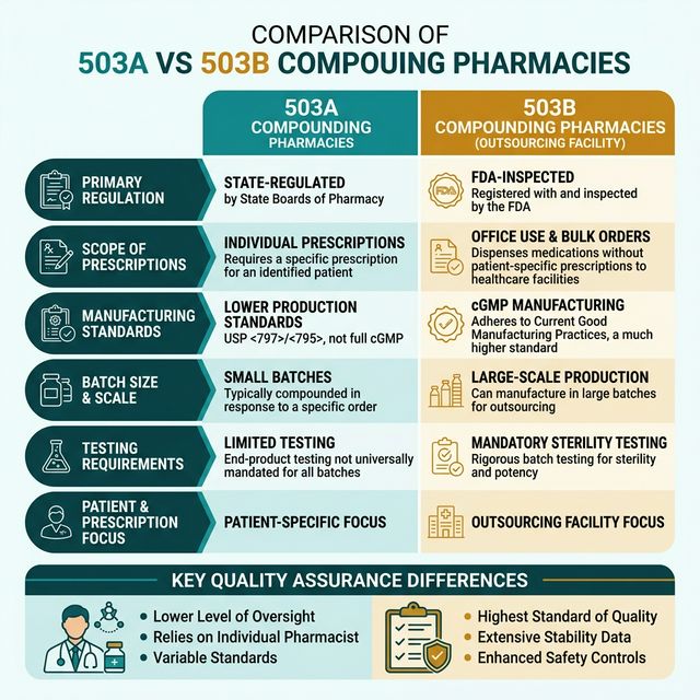 503A vs 503B Compounding Pharmacies Comparison chart of 503A traditional compounding pharmacy versus 503B outsourcing facility showing FDA oversight level, testing requirements, batch size, and quality controls