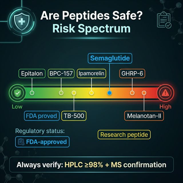 Peptide Safety Evidence Pyramid Peptide safety evidence pyramid showing FDA-approved GLP-1 drugs at top with full human clinical data, then compounded peptides, then research peptides with animal data only