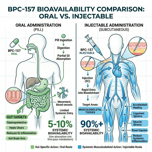 BPC-157 Oral vs Injectable: Absorption Pathways Bioavailability comparison diagram showing oral BPC-157 local gut absorption pathway versus subcutaneous injection systemic distribution with percentage absorption estimates