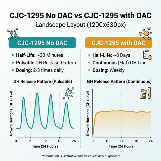 CJC-1295 DAC vs No DAC: The Complete Comparison Comparison chart of CJC-1295 DAC versus CJC-1295 No DAC showing half-life difference from 30 minutes to 8 days, GH pulse pattern, dosing frequency, and clinical implications