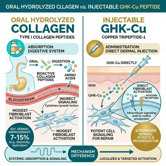 Oral Collagen vs Injectable GHK-Cu Comparison of oral hydrolyzed collagen signal pathway versus injectable GHK-Cu direct fibroblast activation showing absorption, mechanism, and clinical effect size differences