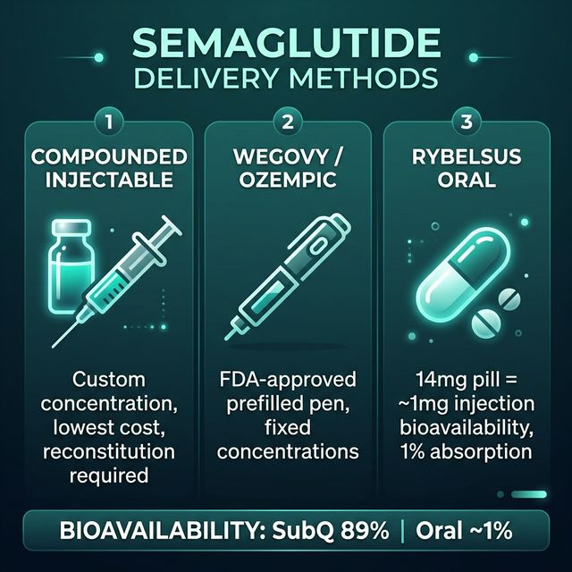 Compounded Semaglutide vs Wegovy vs Oral Rybelsus Comparison table showing compounded semaglutide vs Wegovy auto-injector pen vs Rybelsus oral tablet with bioavailability, cost, and regulatory status for each form