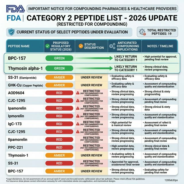 FDA Category 2 Peptides: Full 2026 Status FDA Category 2 peptide list 2026 showing all 19 restricted peptides with their regulatory status, likelihood of Category 1 reinstatement, and current access pathways
