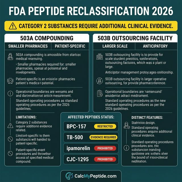 FDA Peptide Compounding Categories 2026 Infographic comparing FDA Category 1, 2, and 3 compounding status for common peptides including BPC-157, TB-500, semaglutide, and tirzepatide in 2026
