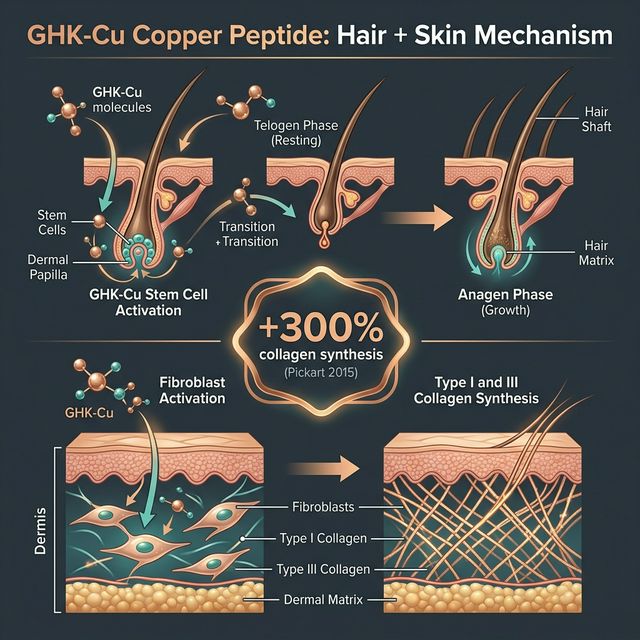 GHK-Cu Hair Growth and Skin Mechanisms Infographic showing GHK-Cu copper peptide mechanisms for hair growth including follicle stem cell activation, 5-alpha reductase inhibition, and collagen synthesis pathways