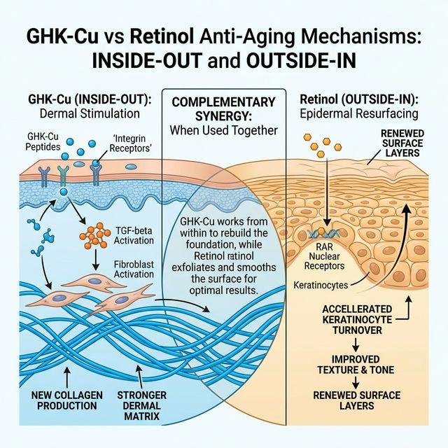 GHK-Cu vs Retinol: Inside-Out vs Outside-In Side-by-side mechanism comparison of GHK-Cu integrin-TGF-beta dermal pathway versus retinol RAR nuclear receptor epidermal pathway with evidence strength ratings
