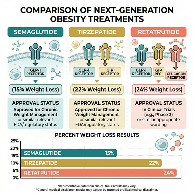 GLP-1 Drugs Compared: Single vs Dual vs Triple Agonist Three-way comparison chart of semaglutide single agonist vs tirzepatide dual agonist vs retatrutide triple agonist showing receptor targets, weight loss data, and approval status