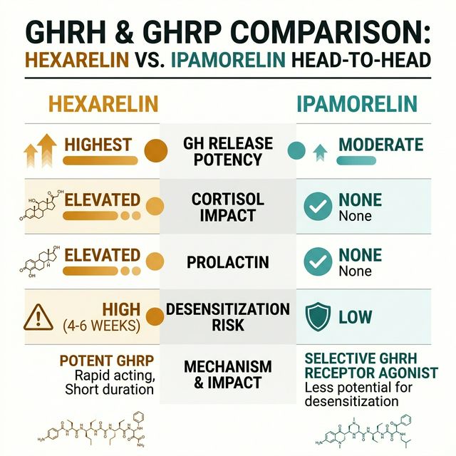 Hexarelin vs Ipamorelin: Selectivity Comparison Head-to-head comparison of hexarelin vs ipamorelin showing GH release potency, cortisol impact, prolactin elevation, desensitization risk, and recommended use cases