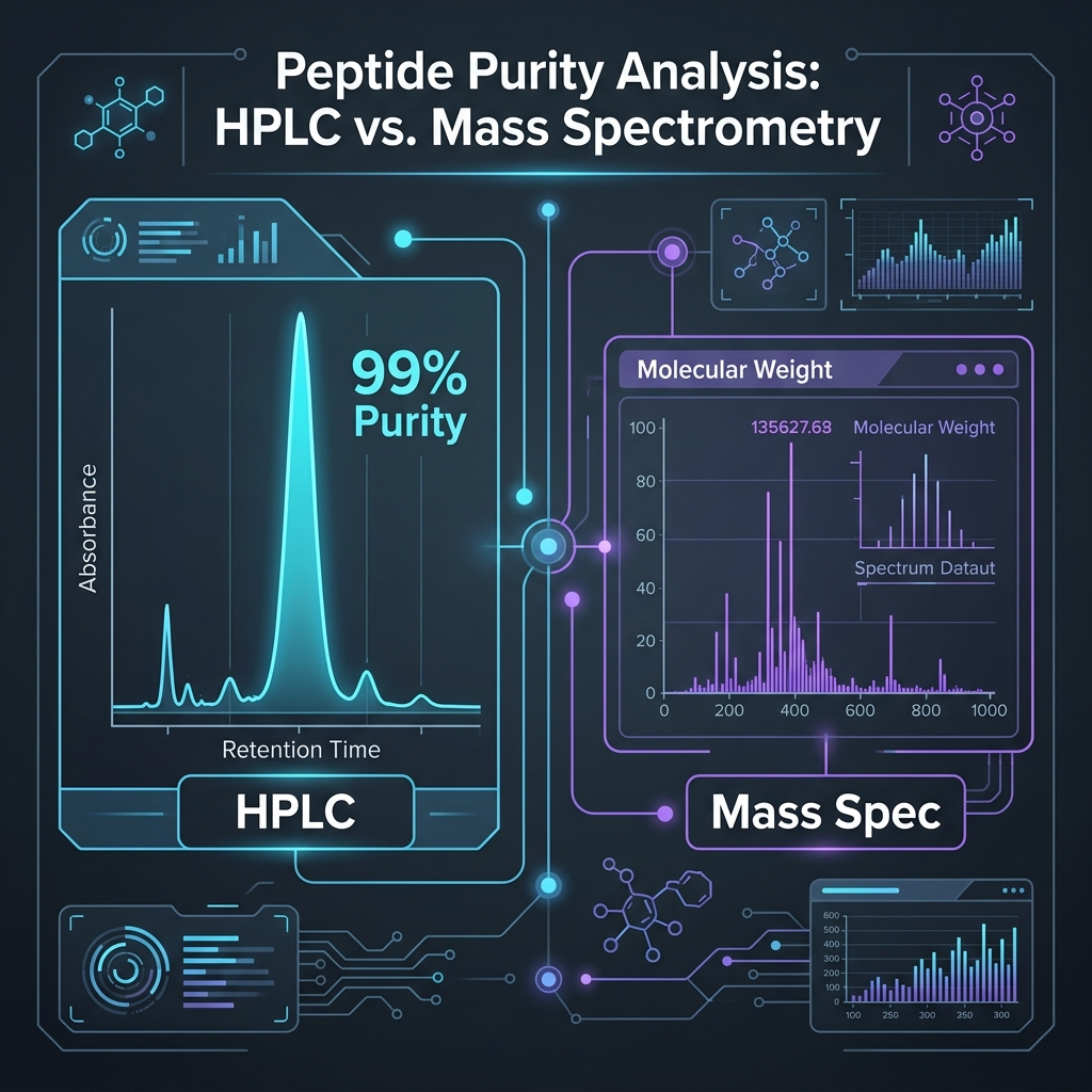 Peptide Purity Analysis: HPLC vs. Mass Spectrometry Dual-panel analytical interface comparing an HPLC chromatogram showing 99% sequence purity against a Mass Spectrometry analysis confirming exact molecular identity.