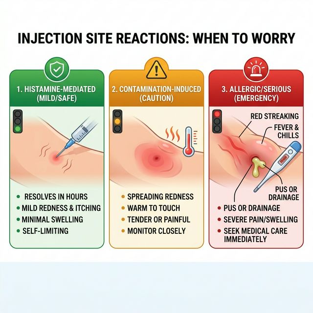 Injection Site Reactions: Types & When to Worry Visual guide to injection site reactions showing histamine-mediated vs contamination-induced vs allergic reactions with appearance differences and when to seek medical attention