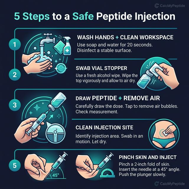 5 Steps to a Safe Peptide Injection 5-step visual guide to safe peptide injection: wash hands, swab vial, draw peptide, clean site, inject at 45 degrees