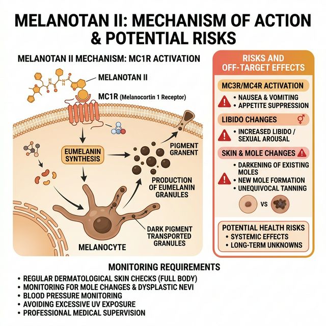 Melanotan II: Melanocyte Activation & Risks Melanotan II mechanism showing MC1R activation on melanocytes, eumelanin production pathway, and multi-receptor side effects including nausea, libido, and mole darkening warnings