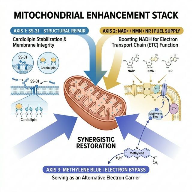 The Mitochondrial Enhancement Stack Mitochondrial enhancement stack diagram showing SS-31 structural repair plus NAD+ fuel supply plus methylene blue electron bypass with three independent mechanisms converging