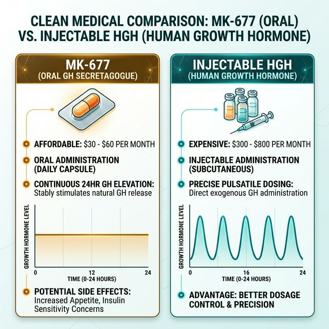 MK-677 vs HGH: Oral vs Injectable Growth Hormone MK-677 oral ibutamoren versus injectable HGH comparison showing administration route, cost, GH pattern, insulin sensitivity impact, and appetite effects