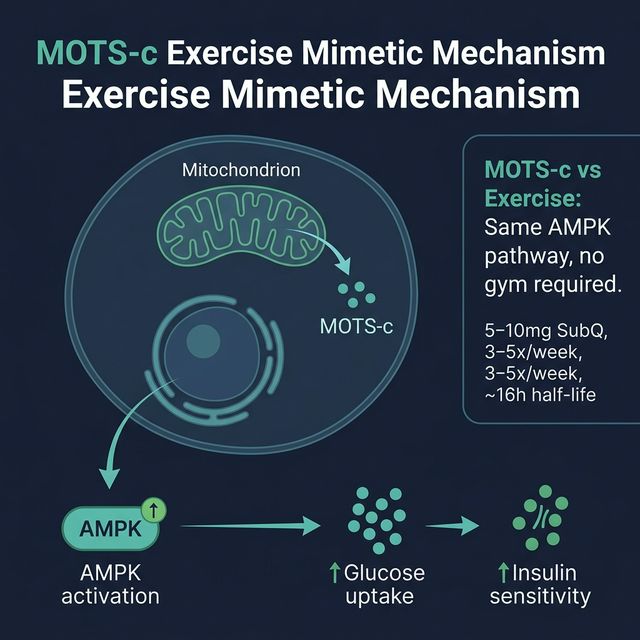 MOTS-c Exercise Mimetic Mechanism Diagram of MOTS-c mitochondrial signaling pathway showing how the mitokine activates AMPK, stimulates GLUT4 translocation, and mimics exercise metabolism