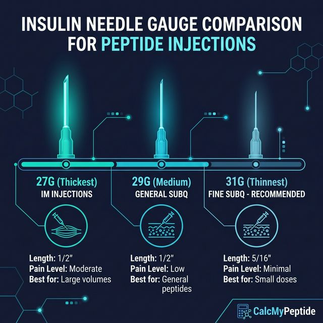 Needle Gauge Comparison for Peptide Injections Comparison of needle gauges: 27G for IM, 29G for general SubQ, 31G for fine SubQ peptide injections with specs for length, pain level, and best use