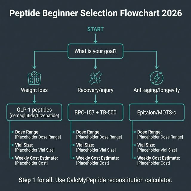 Peptide Categories for Beginners — 2026 Reference Peptide category overview chart for beginners 2026 showing GLP-1 weight loss, GH secretagogues, healing recovery, cognitive, longevity, and aesthetic peptides with examples