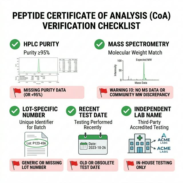 Peptide CoA Verification Checklist Certificate of Analysis verification checklist showing 5 required elements: HPLC purity, mass spectrometry, lot number, test date, and lab name with red flags for each