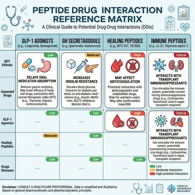Peptide-Drug Interaction Reference Matrix Drug interaction matrix showing GLP-1 effects on oral medication absorption, GH secretagogue insulin resistance interactions, healing peptide anticoagulant considerations