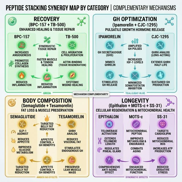 Peptide Stacking: Synergy Map Peptide stacking synergy map showing compatible combinations by category: recovery stacks, GH optimization stacks, body composition stacks, and longevity stacks