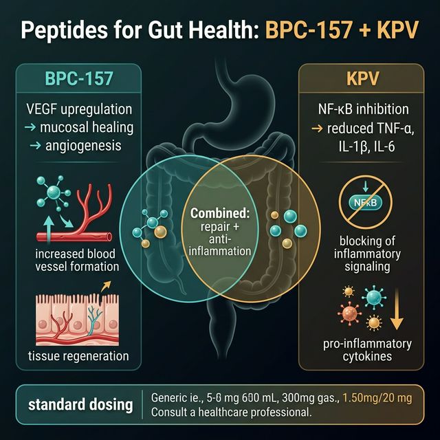 BPC-157 vs KPV Gut Health Mechanisms Comparison chart of BPC-157 and KPV gut health mechanisms showing BPC-157 VEGF mucosal repair pathway and KPV NF-kB inhibition pathway with target conditions listed