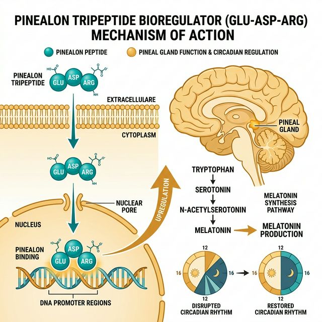 Pinealon: Bioregulator Mechanism Pinealon tripeptide mechanism showing Glu-Asp-Arg binding to DNA promoter regions in pinealocytes to upregulate melatonin synthesis and circadian rhythm gene expression