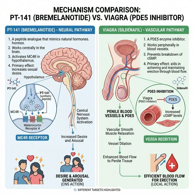 PT-141 vs Viagra: Brain vs Blood Vessels PT-141 bremelanotide mechanism diagram showing MC4R melanocortin receptor activation in the hypothalamus creating desire versus PDE5 inhibitor blood flow mechanism comparison