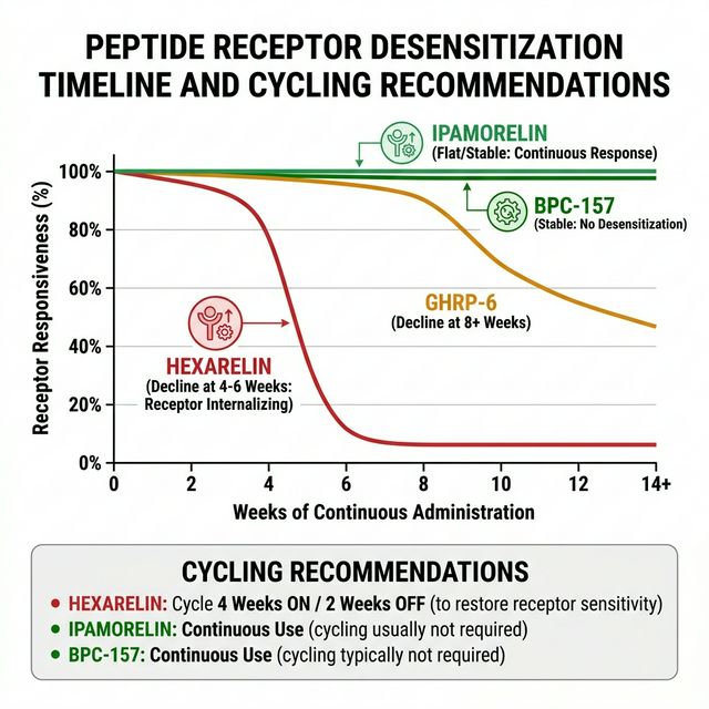 Receptor Desensitization: Which Peptides Need Cycling? Receptor desensitization timeline showing hexarelin losing efficacy at 4-6 weeks versus ipamorelin maintaining response indefinitely with cycling protocol recommendations