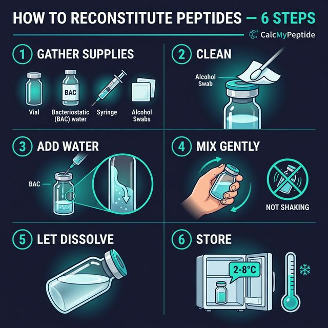 How to Reconstitute Peptides — 6-Step Visual Guide Step-by-step infographic showing the 6 steps to reconstitute peptides: gather supplies, clean vial stopper, add BAC water, swirl gently, let dissolve, and store in refrigerator