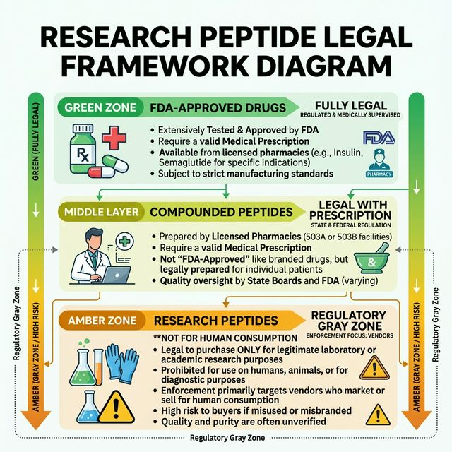 Research Peptide Legal Framework Legal framework diagram for research peptides showing FDA enforcement priorities, research use only labeling, and the regulatory gray zone between consumer purchase and human use