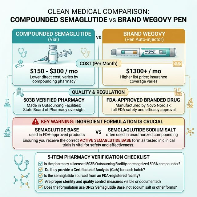 Compounded vs Brand Semaglutide Comparison of compounded semaglutide vial versus brand Wegovy pen showing cost difference, quality verification steps, salt form warning, and pharmacy verification checklist