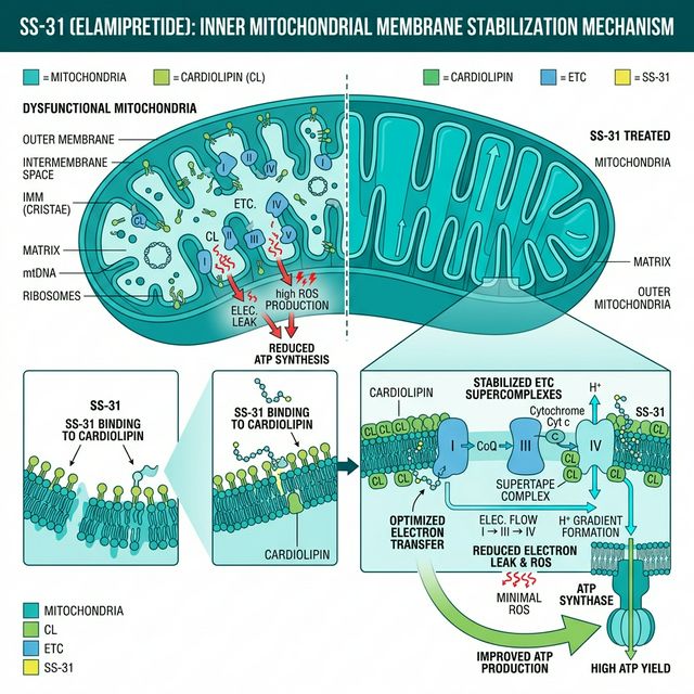 SS-31: Cardiolipin Binding & ETC Repair SS-31 elamipretide mechanism showing cardiolipin binding on inner mitochondrial membrane, ETC supercomplex stabilization, and electron leak reduction for improved ATP production