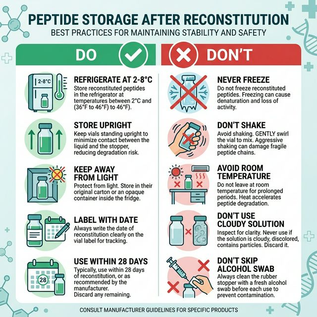 Reconstituted Peptide Storage Guidelines Infographic showing peptide storage do and don't rules: refrigerate at 2-8 degrees Celsius, store upright, never freeze, discard after 28 days