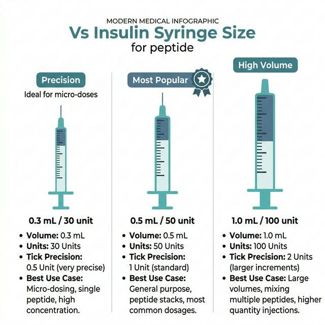 Insulin Syringe Size Comparison for Peptide Dosing Comparison chart of three insulin syringe sizes for peptides: 0.3 mL 30 unit, 0.5 mL 50 unit, and 1.0 mL 100 unit with tick mark precision and best use cases