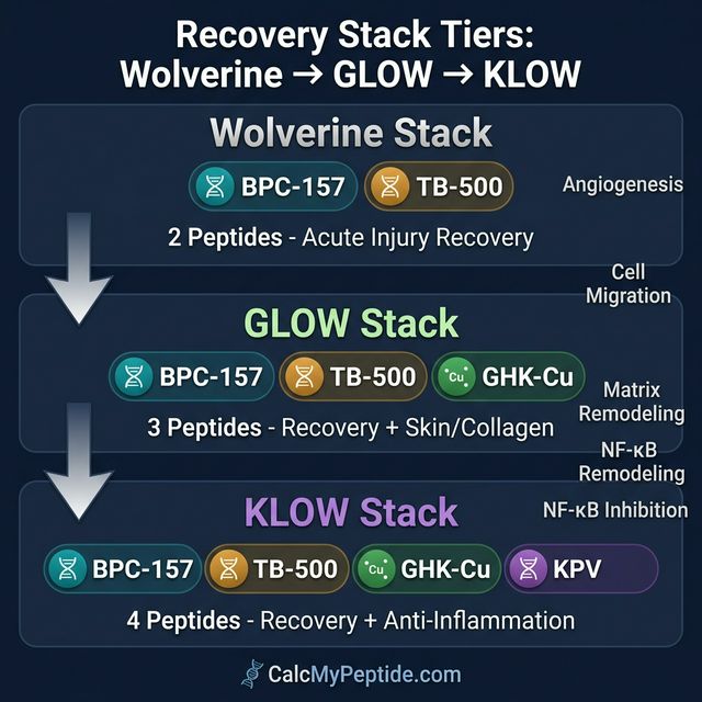 Wolverine vs GLOW vs KLOW Stack Comparison Comparison chart of Wolverine vs GLOW vs KLOW peptide stacks showing peptide components, mechanisms, and best use cases for each stack variant