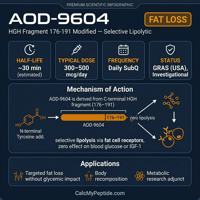 AOD-9604 Dosing Quick Reference AOD-9604 dosing guide infographic showing dose range 300-500 mcg/day, half-life ~30 minutes (estimated), and reconstitution example