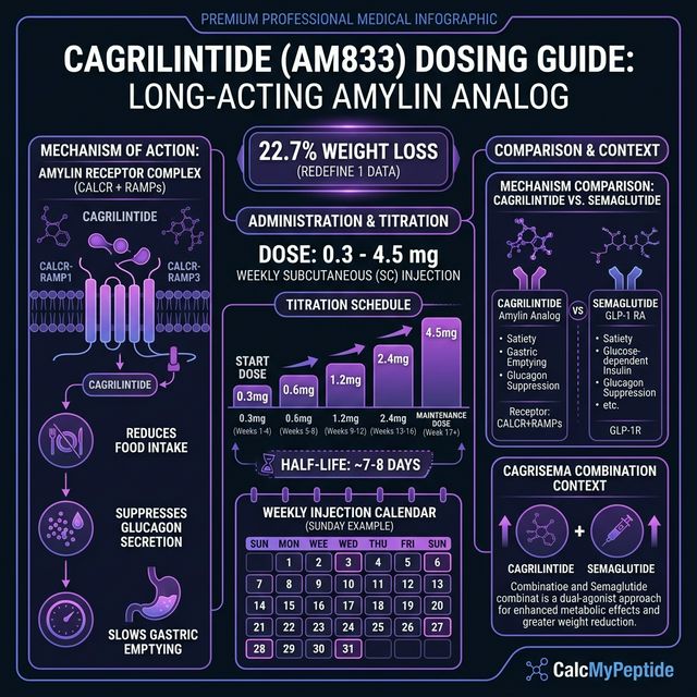 Cagrilintide Dosing Quick Reference Cagrilintide dosing guide infographic showing dose range 0.3-4.5 mg/week, half-life ~7-8 days, and reconstitution example