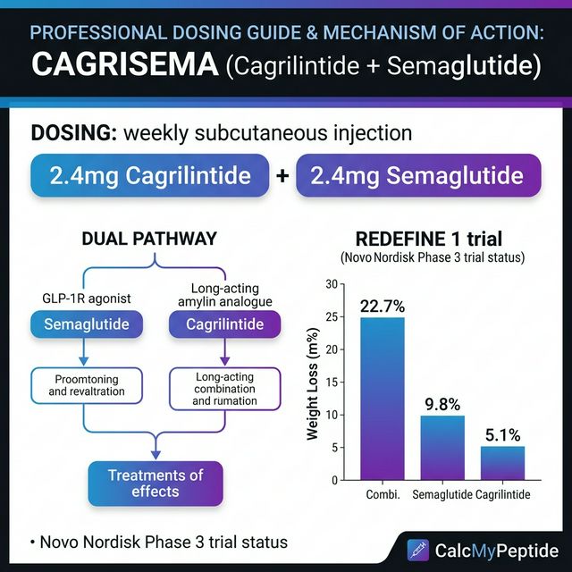 CagriSema Dosing Quick Reference CagriSema dosing guide infographic showing dose range Cagrilintide 2.4 mg + Semaglutide 2.4 mg/week, half-life Mixed (~7-8 days each component), and reconstitution example