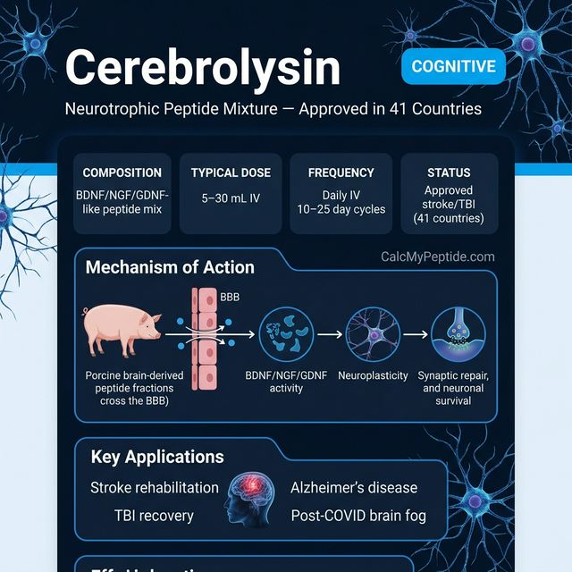 Cerebrolysin Dosing Quick Reference Cerebrolysin dosing guide infographic showing dose range 5-30 mL/day (IV/IM), half-life ~2-4 hours (peptide mix), and reconstitution example