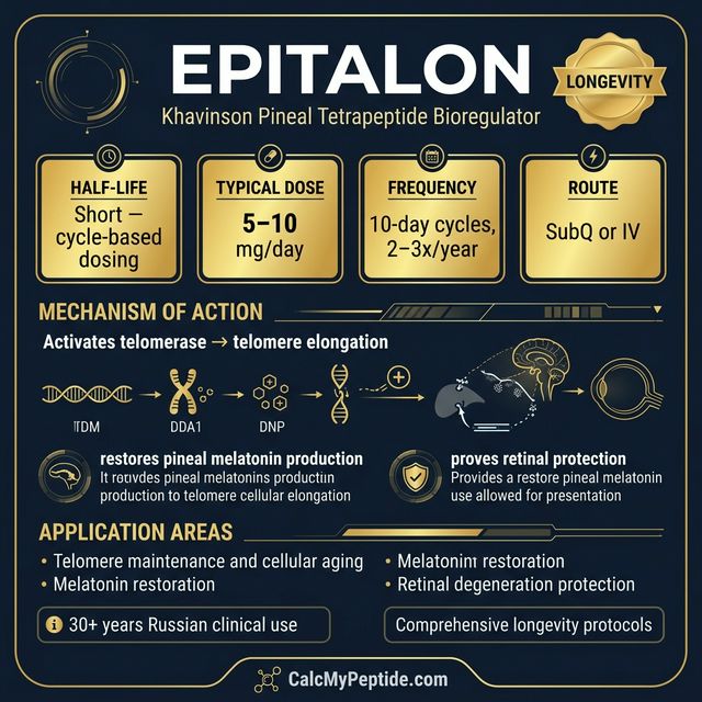 Epitalon Dosing Quick Reference Epitalon dosing guide infographic showing dose range 5-10 mg/day, half-life ~2-4 hours (estimated), and reconstitution example