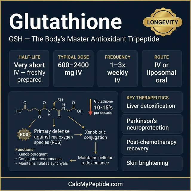 Glutathione Dosing Quick Reference Glutathione dosing guide infographic showing dose range 200-600 mg (SubQ/IV), half-life ~1.6 hours, and reconstitution example
