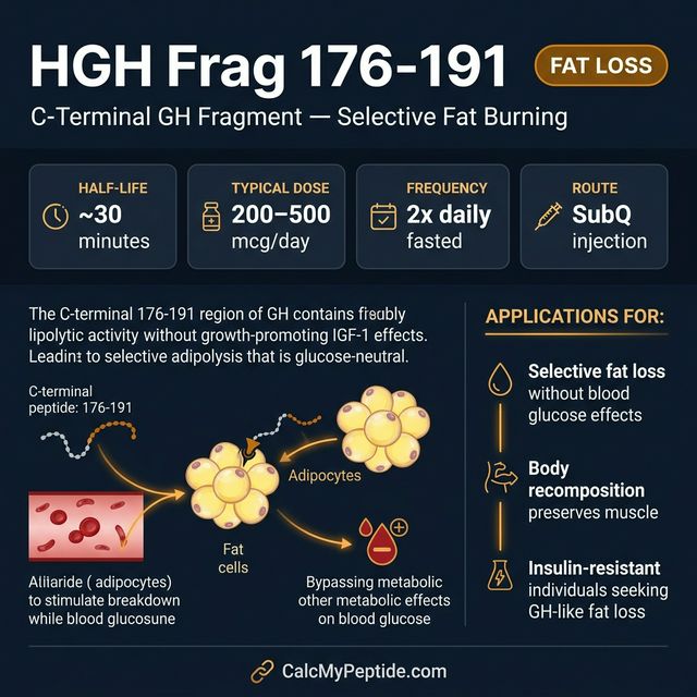 HGH Fragment 176-191 Dosing Quick Reference HGH Fragment 176-191 dosing guide infographic showing dose range 250-500 mcg/day, half-life ~30 minutes, and reconstitution example