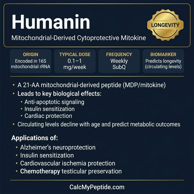 Humanin Dosing Quick Reference Humanin dosing guide infographic showing dose range 1-5 mg/day (research), half-life ~30 minutes, and reconstitution example