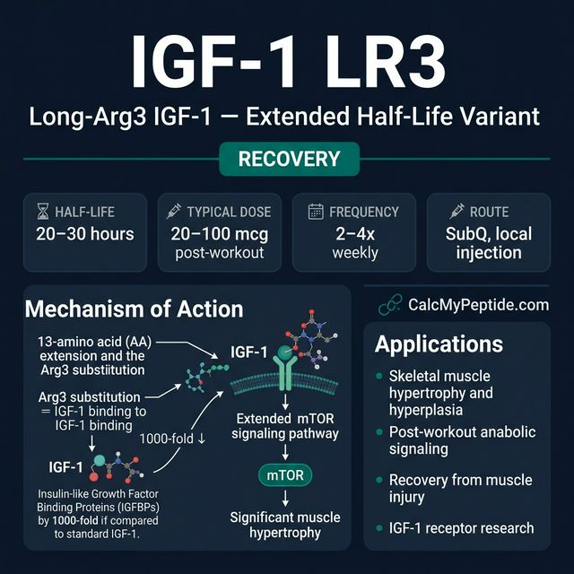 IGF-1 LR3 Dosing Quick Reference IGF-1 LR3 dosing guide infographic showing dose range 20-100 mcg/day, half-life ~20-30 hours, and reconstitution example
