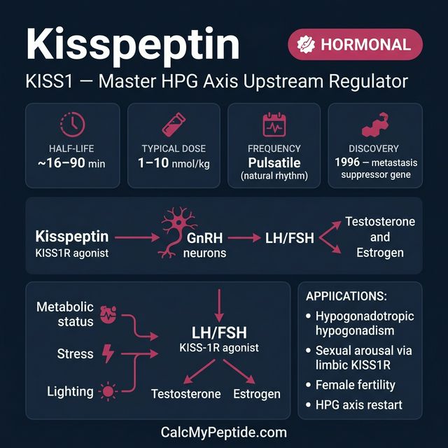 Kisspeptin Dosing Quick Reference Kisspeptin dosing guide infographic showing dose range 100-500 mcg/dose, half-life ~28 minutes, and reconstitution example