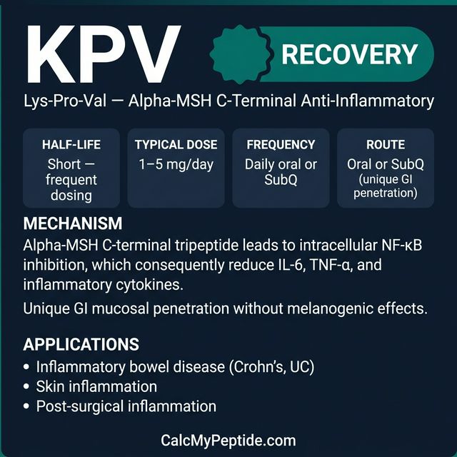 KPV Dosing Quick Reference KPV dosing guide infographic showing dose range 200-500 mcg/day, half-life ~30 minutes (estimated), and reconstitution example