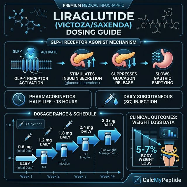 Liraglutide Dosing Quick Reference Liraglutide dosing guide infographic showing dose range 0.6-3 mg/day, half-life ~13 hours, and reconstitution example