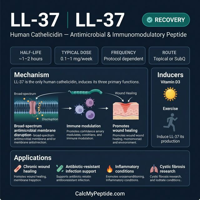 LL-37 Dosing Quick Reference LL-37 dosing guide infographic showing dose range 50-200 mcg/day, half-life ~4 hours (estimated), and reconstitution example