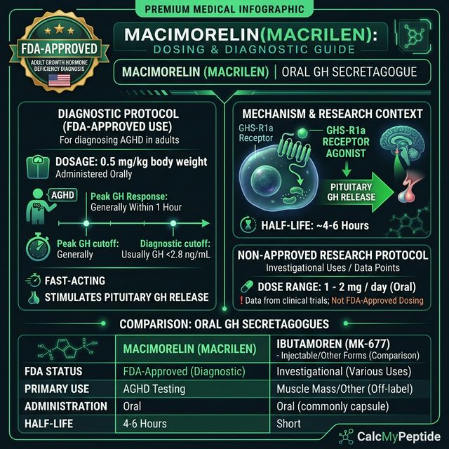 Macimorelin Dosing Quick Reference Macimorelin dosing guide infographic showing dose range 0.5 mg/kg (diagnostic) or 1-2 mg/day (research), half-life ~4-6 hours, and reconstitution example
