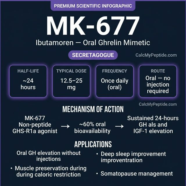 MK-677 Dosing Quick Reference MK-677 dosing guide infographic showing dose range 10-25 mg/day (oral), half-life ~5 hours (IGF-1 elevation 24h), and reconstitution example